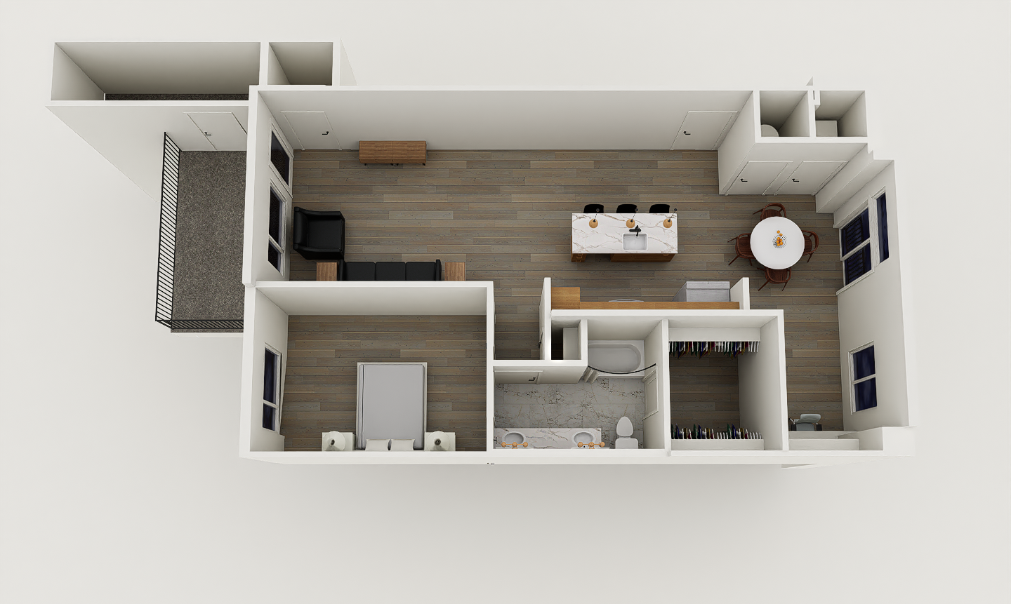 1 bedroom/ 1 bath floorplan layout for urban edge